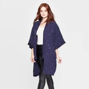 A New Day Kimono Navy Plus OSFM (1X - 4X) Floral Sateen Jacquard